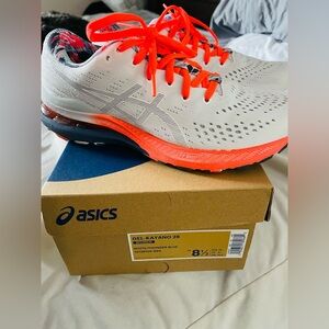 ASICS Gel-Kayano 28 White and Bright Orange Athletic Shoes